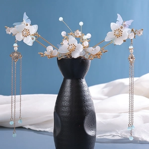 Vintage Chinese gold hairpins with white flowers, blue butterflies and tassels