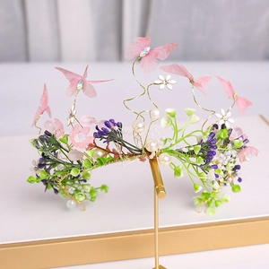 Serre-tête de Mariée Fleur et Papillon Style Forêt et Clips d'Oreilles Rose Satin Papillon Künstliche Perle Strass Fil d'Or Couronne pour Mariage