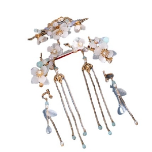 Vintage Chinese floral hair pin set with pearls, long tassels and matching earrings