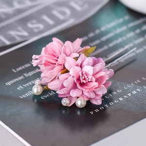 Épingle à cheveux vintage avec fleurs en tissu rose et perles blanches pour Hanfu