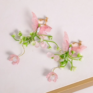 Boucles d'oreilles à clip fleurs et papillons avec pompons et cristaux roses et verts