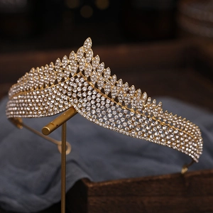 Elegant gold rhinestone tiara crown for brides with crystal leaf design for weddings