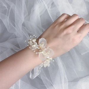 Bridal Wrist Flower Wedding Bridesmaid Artificial Pearl Bracelet Floral Headband Gauze Ribbon Romantic Party Jewelry Accessories