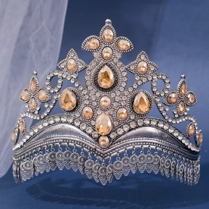 Ethnic style crown hairpiece with antique silver leaf design and crystal tassels