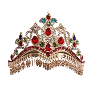Ethnic gold crown headpiece with red gems and coin tassels for dance performances
