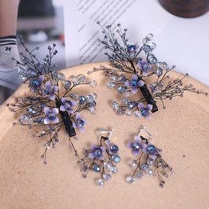 Forest Style Wedding Hair Accessories Set Handmade Purple Flower Rhinestone Hair Clips With Earring Set For Bride Women Jewelry