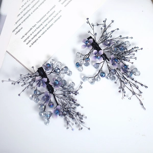 Handmade purple flower bridal hair pins with blue crystal beads for wedding hairstyles