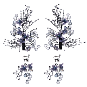 Floral bridal hair clips and earrings set with purple fabric flowers and crystals