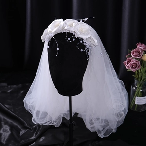White Flower Headband Veil With Faux Artificial Pearl Tassel Romantic Princess Mesh Hair Accessory For Kids Girls Wedding Performance
