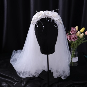 White flower headband with pearls and tulle veil for girls floral costume performance