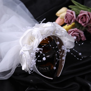 Floral princess headband with white roses, pearls and double-layer veil for girls