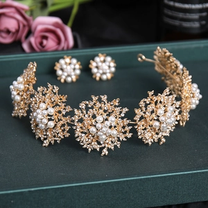 Élégante Couronne Tiara En Alliage Künstliche Perle Strass Et Boucles d'Oreilles Or Vintage Mariage Banquet Fête Femme Bijoux Cheveux