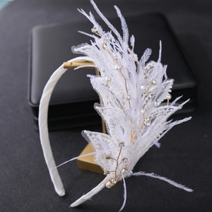 Serre-tête Élégant en Plumes et Dentelle Blanche Avec Fausses Künstliche Perles Strass Accessoire Cheveux Mariée pour Mariage Femme