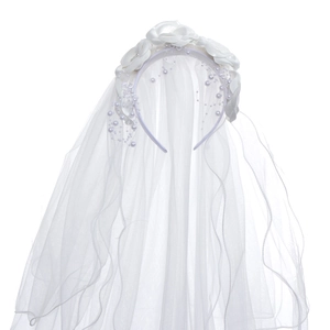 Elegant white flower headband veil with satin roses and pearls for girls' costume