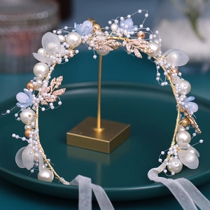 Handmade Artificial Pearl Flower Bridal Hairband Golden Leaf Weaving Wedding Hair Accessories For Women Children Headpiece