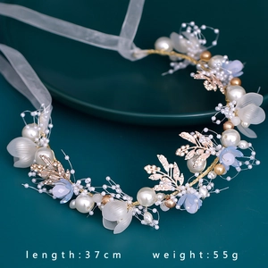 Elegant 37cm handmade bridal headband with pearls, blue flowers and golden leaves