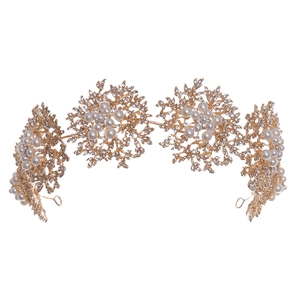 Serre-tête fleur doré élégant avec perles blanches et strass pour les mariages
