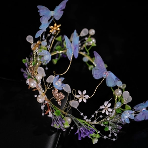 Bandeau papillon doré fait main avec fleurs en tulle violet et perles pour filles