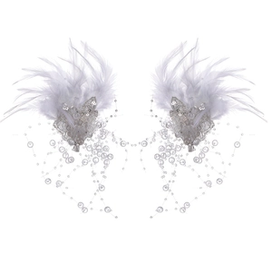 Elegant white feather hair clips with silver sequins and pearls in a symmetrical wing design