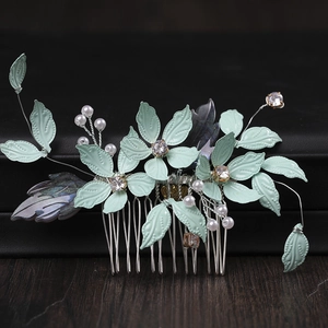 Vintage Mint Green Flower Leaf Bridal Hair Comb Alloy Rhinestone Faux Artificial Pearl Wedding Hairpiece Elegant Women Hair Accessories
