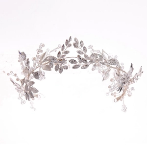 Elegant bridal vine headband with silver alloy leaves, marquise crystals and pearls