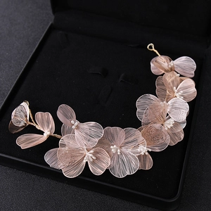 Elegant handmade lace flower bridal headpiece with pearls in champagne gold finish
