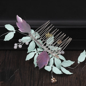 Leaf bridal hair comb with mint green and purple leaves, pearls and silver metal teeth