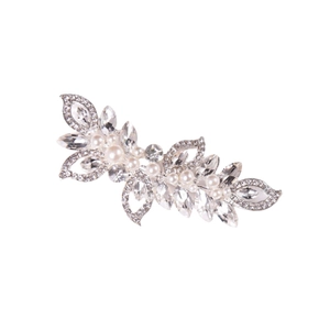 Barrette de mariée argentée avec feuilles en alliage, perles blanches et strass brillants