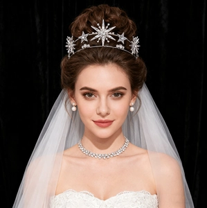 Star-shaped bridal tiara set with crystal crown, pearl earrings, and diamond necklace