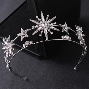 Elegant silver star crown headband with shimmering rhinestones for bridal princess hair styling
