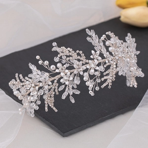 Fascia Sposa Fatta a Mano in Lega d'Argento con Strass Cristallo Künstliche Perle Sintetiche Vite per Capelli Floreale per Matrimonio