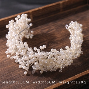 Detail view showing dimensions of a white pearl and crystal luxury bridal headband
