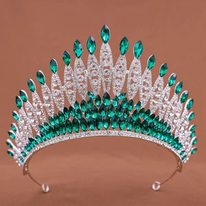 Diadème de mariée luxueux en cristal vert émeraude avec strass argentés pour mariage