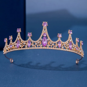 Luxurious gold alloy bridal crown with sparkling purple crystals and rhinestones for weddings