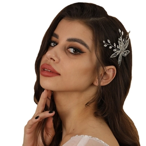 Elegant bridal rhinestone flower hair pin with silver twisted vine and crystal detailing