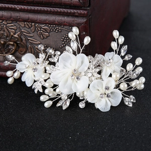 Bridal Satin Gauze Flower Hair Clip With Faux Artificial Pearl Rhinestone Silver Wire Handmade Wedding Headpiece For Women Jewelry