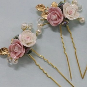 Handmade Ceramic Rose Flower Wedding Hair Stick Gold Leaf Faux Artificial Pearl Rhinestone U-Shaped Hair Accessory For Bride