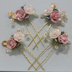 Set of 4 handmade bridal hair pins with ceramic pink white roses and gold leaves
