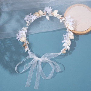 Forest shell and flower bridal headband with ocean theme shells and organza ribbon