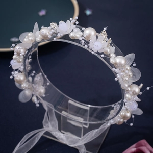 Handmade Korean Bridal Hair Band Artificial Pearl Flower Headband Gold Leaf Woven Wedding Party Hair Accessory For Women Jewelry
