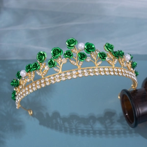 Golden bridal tiara with green ceramic roses, white pearls and sparkling rhinestones