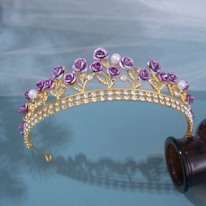 Golden bridal crown with purple ceramic roses, white pearls and sparkling rhinestones