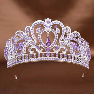 Baroque silver bridal crown with purple rhinestones and water drop heart pendant