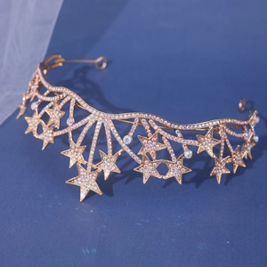 Elegant gold celestial bridal crown featuring multi-color rhinestones with shooting star design