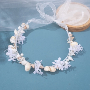 Handmade shell and flower bridal headband with pearls and white organza ribbon ties