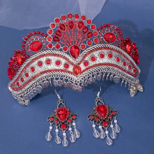 Antique silver bridal crown and earrings set with red rhinestones and drop beads
