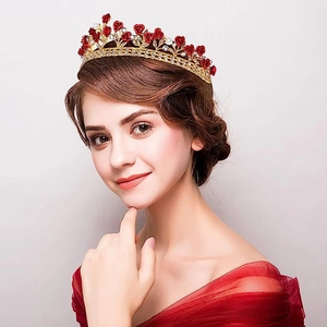 Baroque Gold Alloy Bridal Crown With Rhinestone Artificial Pearl Rose Flower Wedding Banquet Hair Accessories For Women