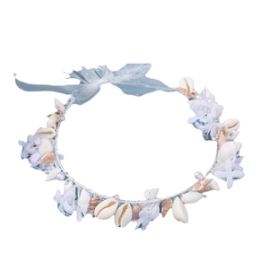 Bohemian seashell and flower bridal headband with blue ribbons and white pearls