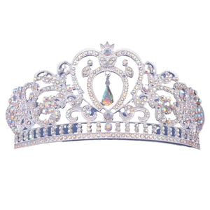 Baroque bridal tiara with colorful rhinestones and waterdrop pendant in silver finish