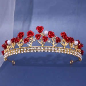Baroque bridal crown with red ceramic roses, white pearls and crystals on gold base